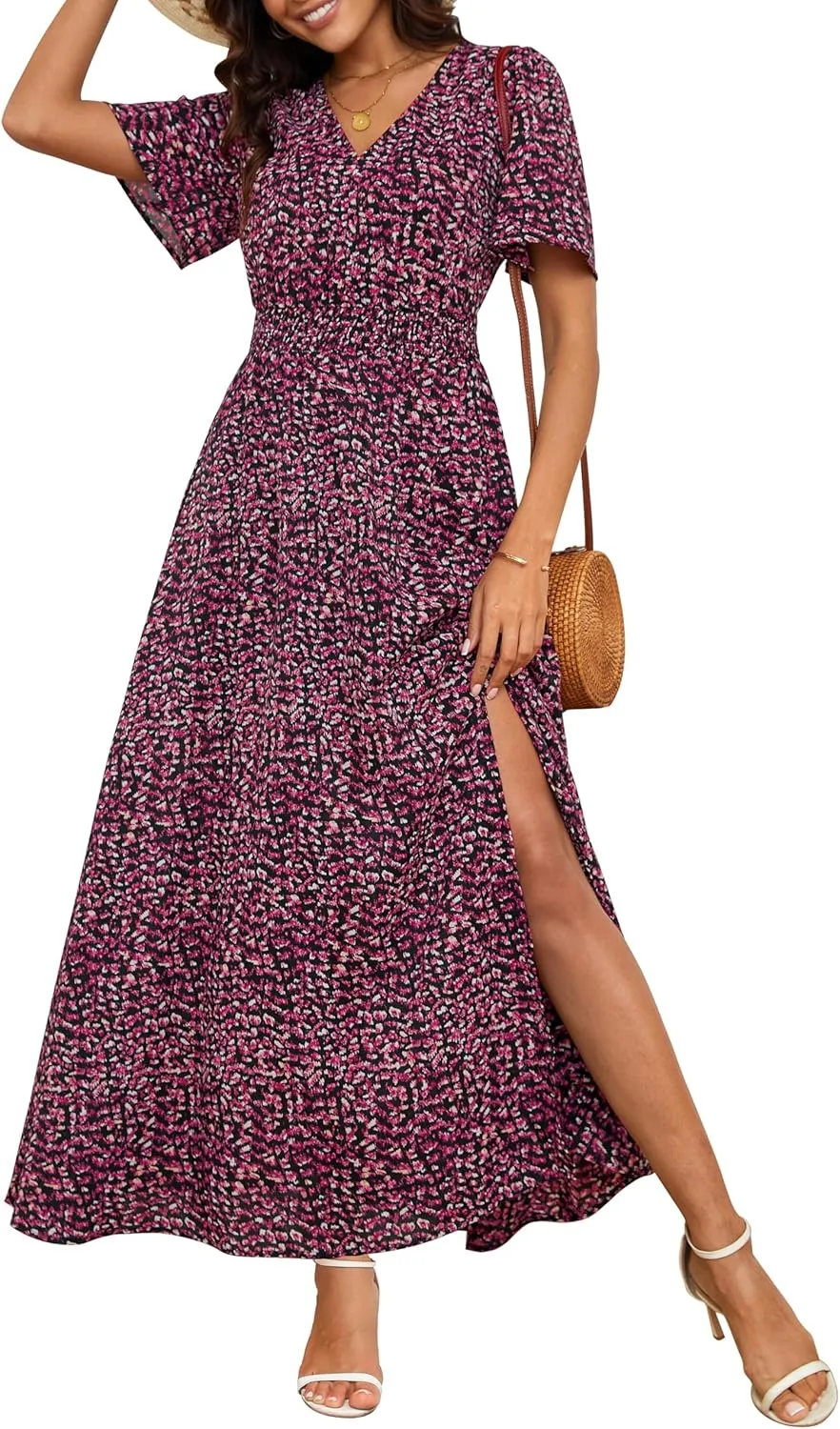Kranda Women 2025 Summer Spring V Neck High Waist Short Sleeve Casual Long Boho Floral Swing Flowy Slit Beach Maxi Dress