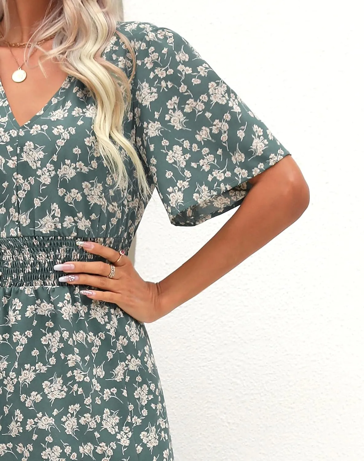 Kranda Women 2025 Summer Spring V Neck High Waist Short Sleeve Casual Long Boho Floral Swing Flowy Slit Beach Maxi Dress