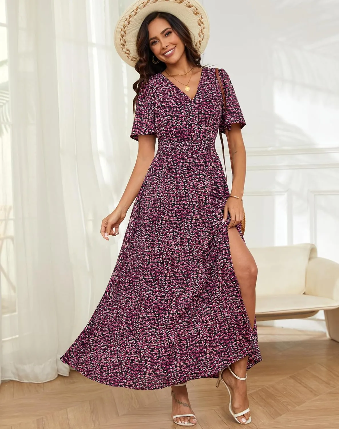 Kranda Women 2025 Summer Spring V Neck High Waist Short Sleeve Casual Long Boho Floral Swing Flowy Slit Beach Maxi Dress