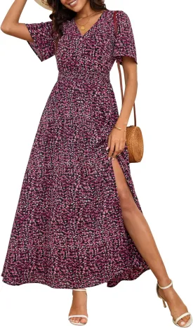 Kranda Women 2025 Summer Spring V Neck High Waist Short Sleeve Casual Long Boho Floral Swing Flowy Slit Beach Maxi Dress