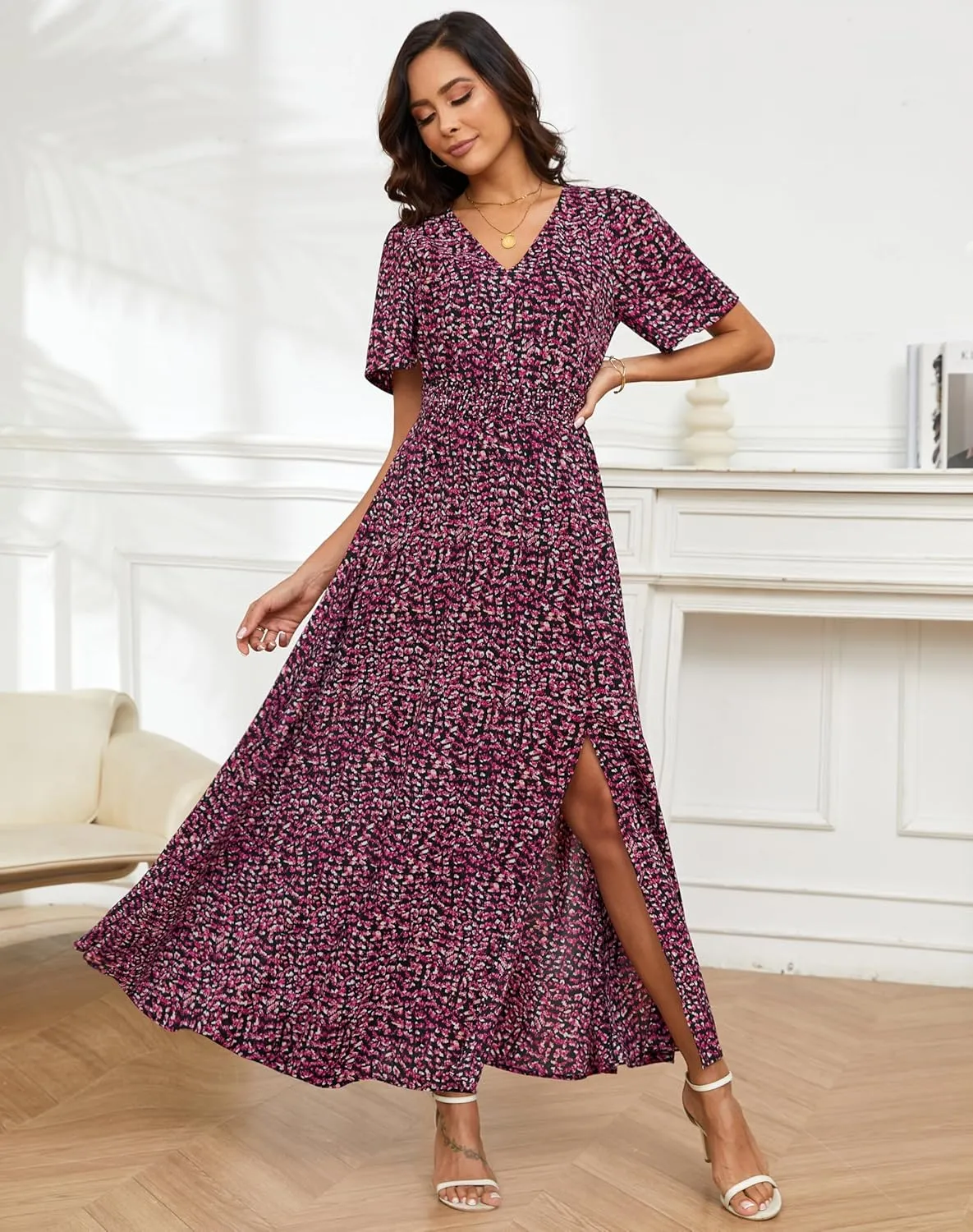 Kranda Women 2025 Summer Spring V Neck High Waist Short Sleeve Casual Long Boho Floral Swing Flowy Slit Beach Maxi Dress