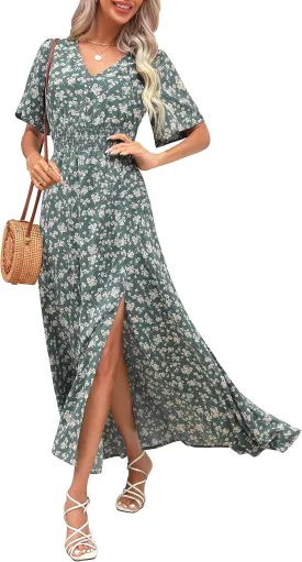 Kranda Women 2025 Summer Spring V Neck High Waist Short Sleeve Casual Long Boho Floral Swing Flowy Slit Beach Maxi Dress