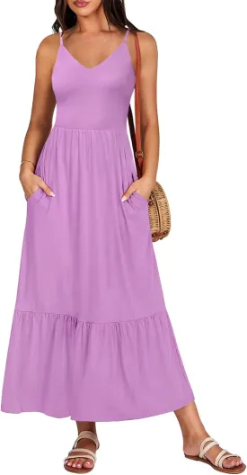 Kranda Women Summer Sleeveless Casual Long Maxi Vacation Beach Dresses V Neck Smocked Flowy Tiered Sundress with Pockets