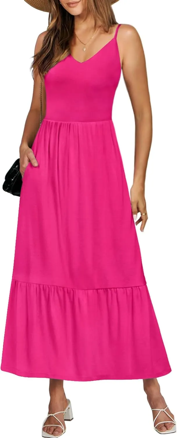 Kranda Women Summer Sleeveless Casual Long Maxi Vacation Beach Dresses V Neck Smocked Flowy Tiered Sundress with Pockets