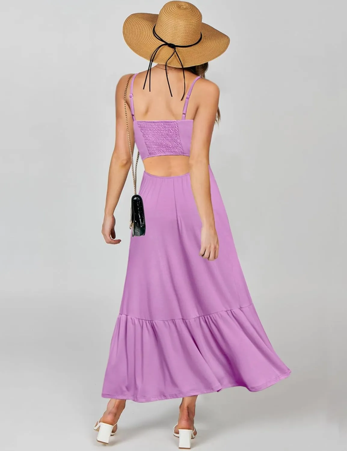 Kranda Women Summer Sleeveless Casual Long Maxi Vacation Beach Dresses V Neck Smocked Flowy Tiered Sundress with Pockets