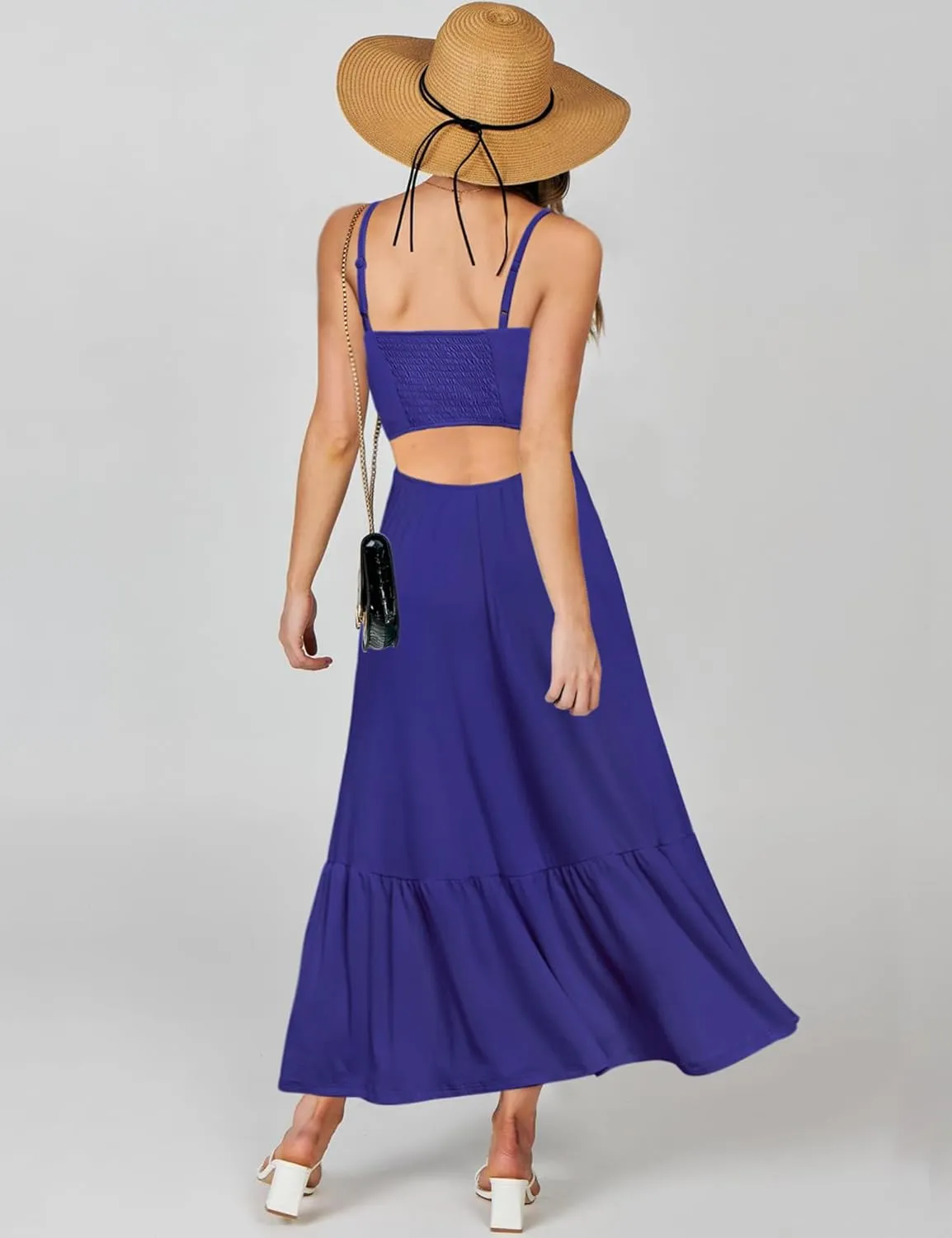 Kranda Women Summer Sleeveless Casual Long Maxi Vacation Beach Dresses V Neck Smocked Flowy Tiered Sundress with Pockets