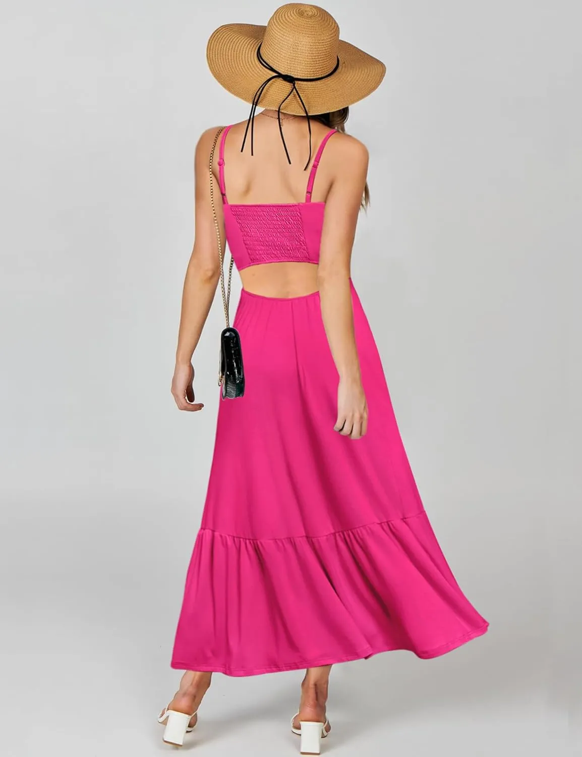 Kranda Women Summer Sleeveless Casual Long Maxi Vacation Beach Dresses V Neck Smocked Flowy Tiered Sundress with Pockets