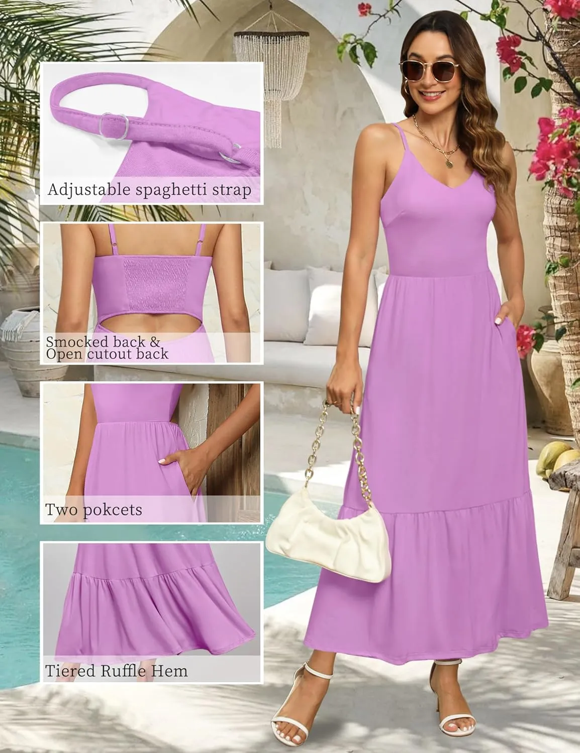 Kranda Women Summer Sleeveless Casual Long Maxi Vacation Beach Dresses V Neck Smocked Flowy Tiered Sundress with Pockets