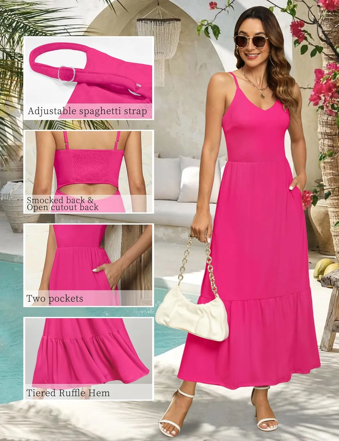 Kranda Women Summer Sleeveless Casual Long Maxi Vacation Beach Dresses V Neck Smocked Flowy Tiered Sundress with Pockets
