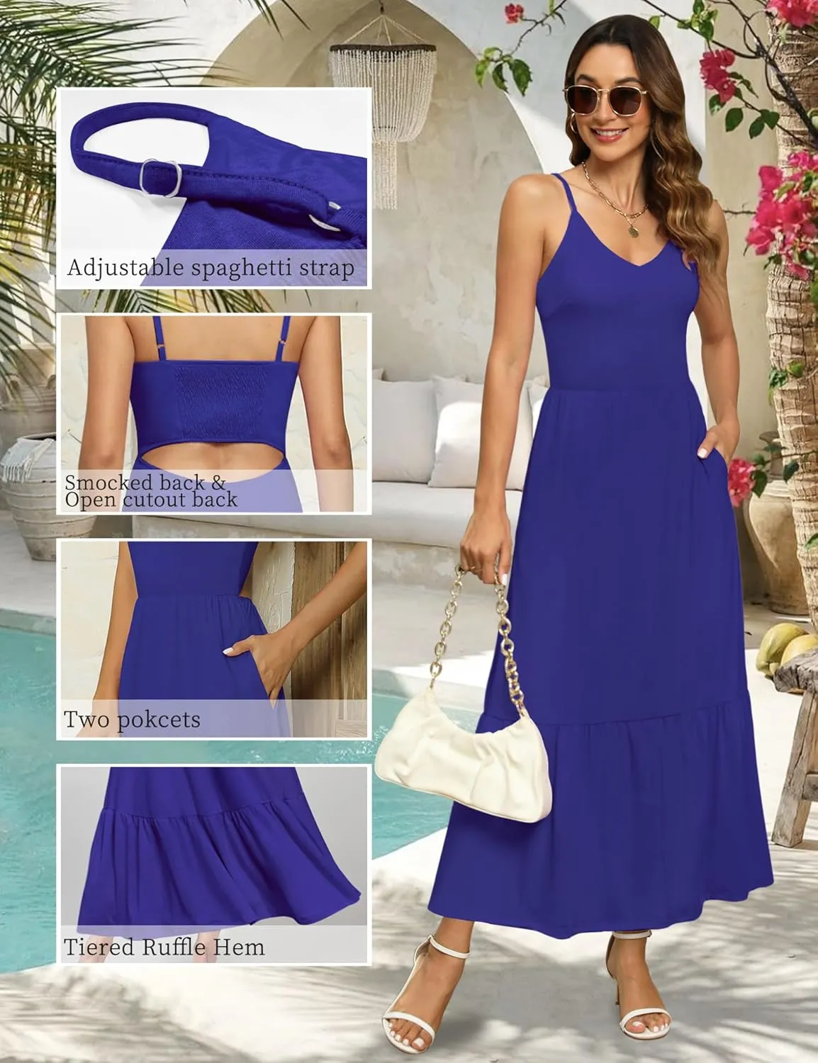 Kranda Women Summer Sleeveless Casual Long Maxi Vacation Beach Dresses V Neck Smocked Flowy Tiered Sundress with Pockets