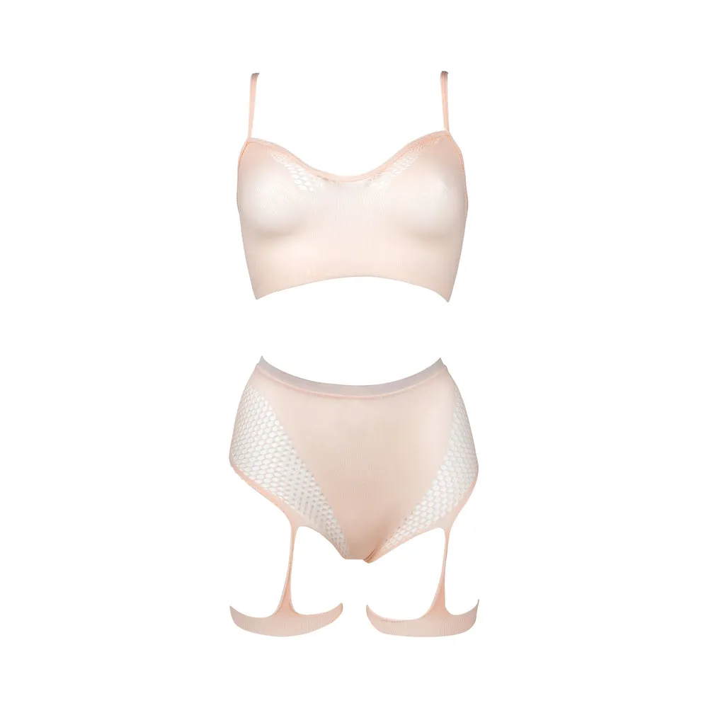 Le Desir Bliss 2-Piece Fishnet Bra & Gartered Panty Set Pink O/S
