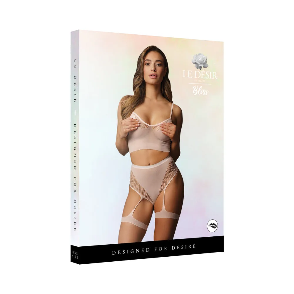 Le Desir Bliss 2-Piece Fishnet Bra & Gartered Panty Set Pink O/S