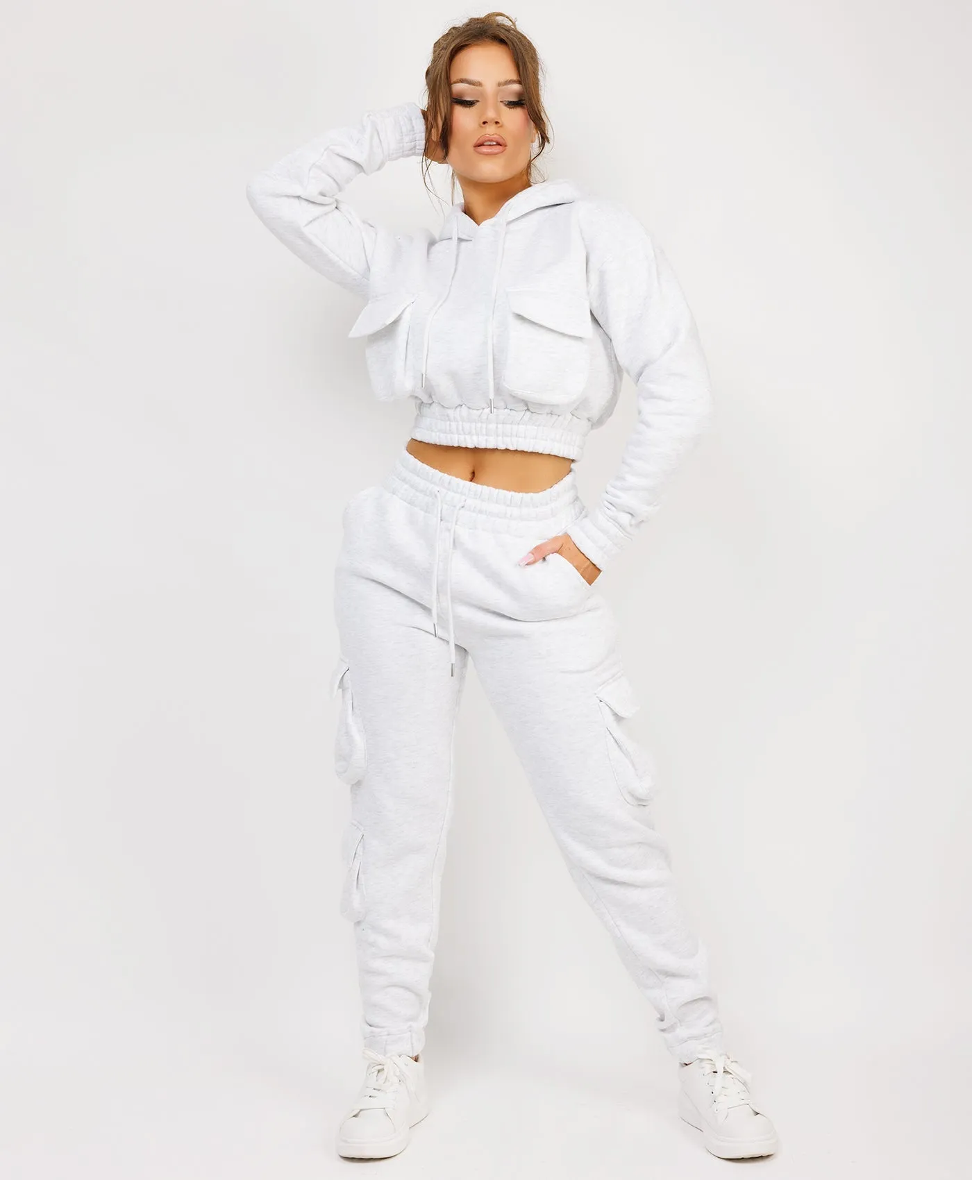 Marl Grey Pocketed Cropped Hoodie & Cargo Tracksuit