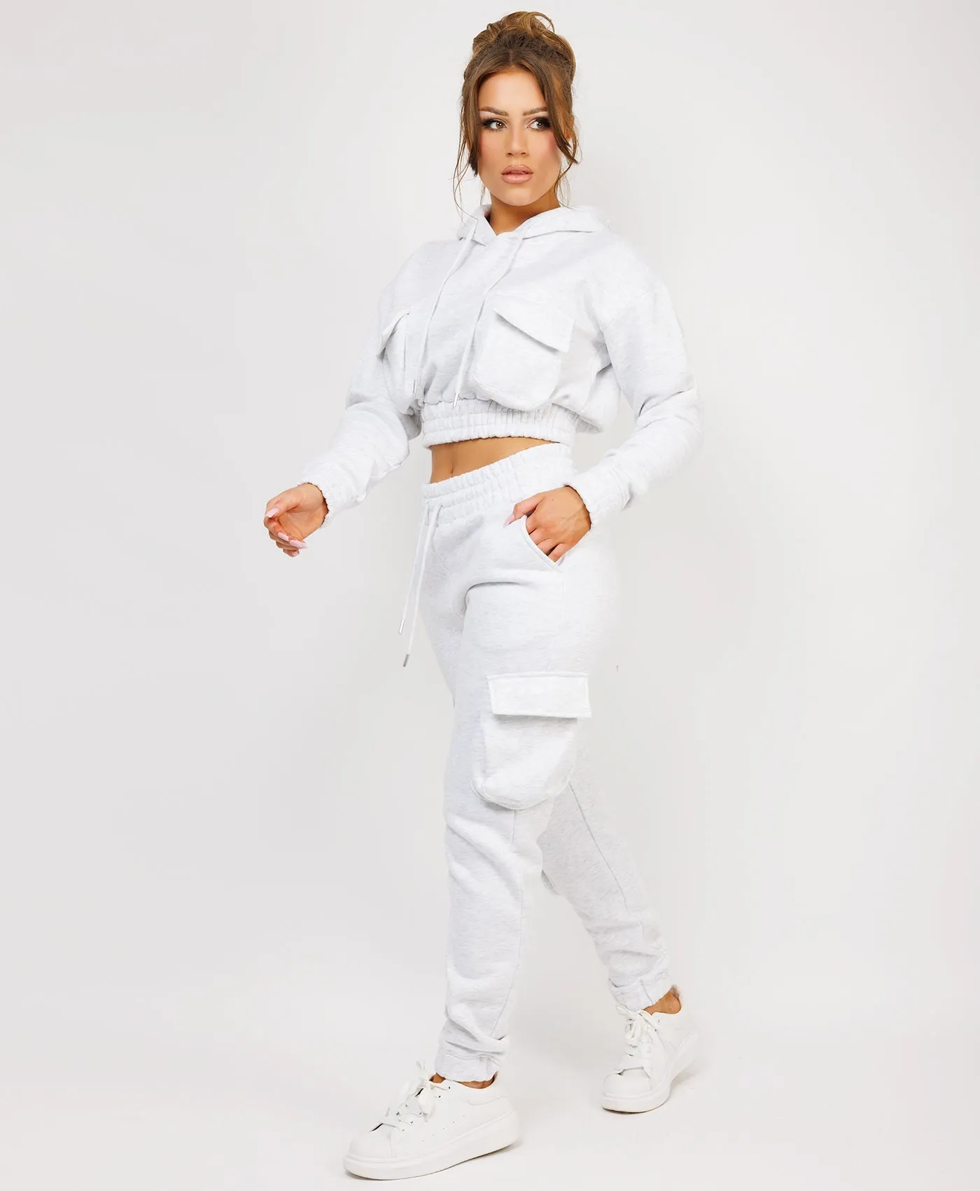 Marl Grey Pocketed Cropped Hoodie & Cargo Tracksuit