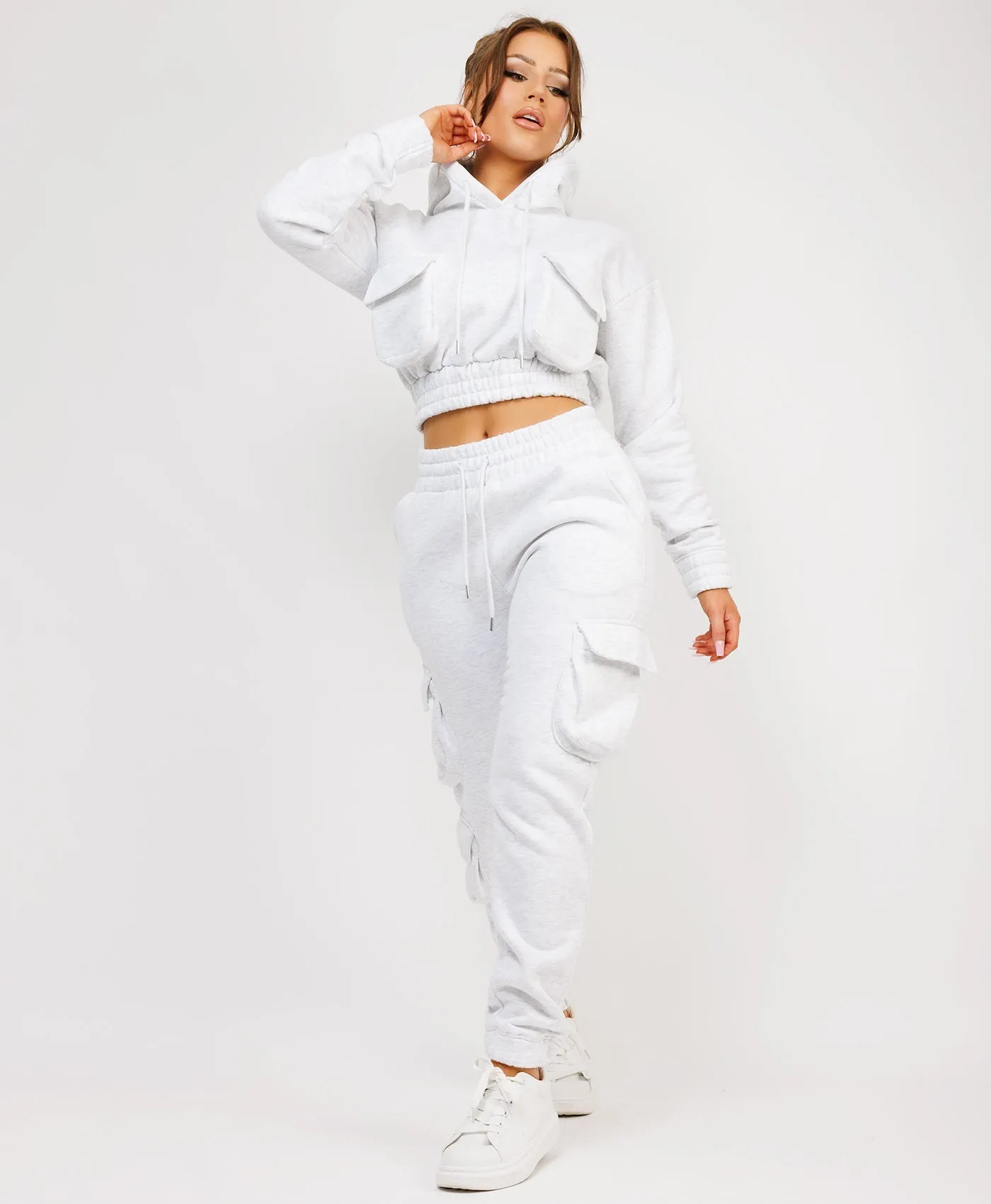 Marl Grey Pocketed Cropped Hoodie & Cargo Tracksuit