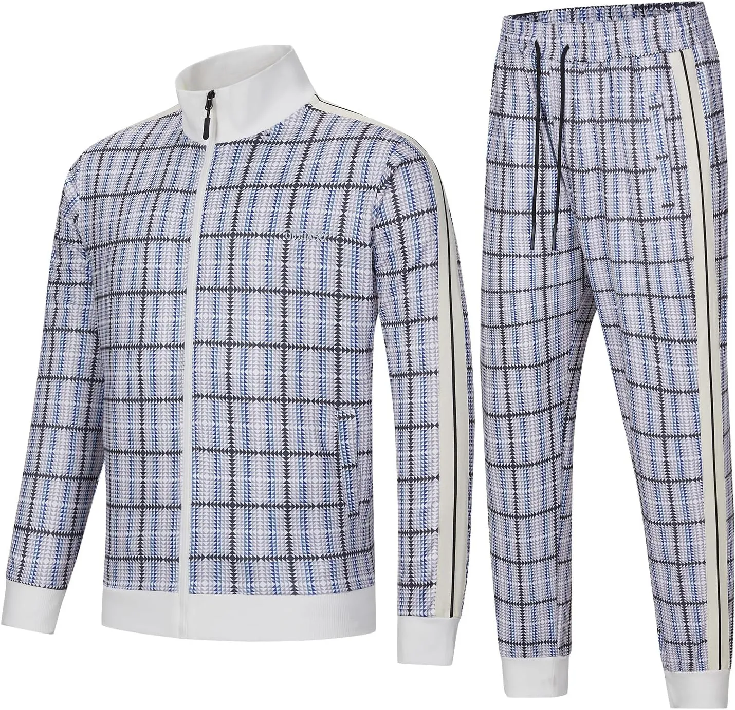 Men Track Suits Sets Long Sleeve Plaid Sweatsuit Active Jackets and Pants 2 Piece Outfits