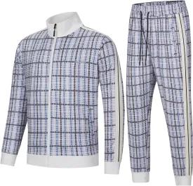 Men Track Suits Sets Long Sleeve Plaid Sweatsuit Active Jackets and Pants 2 Piece Outfits