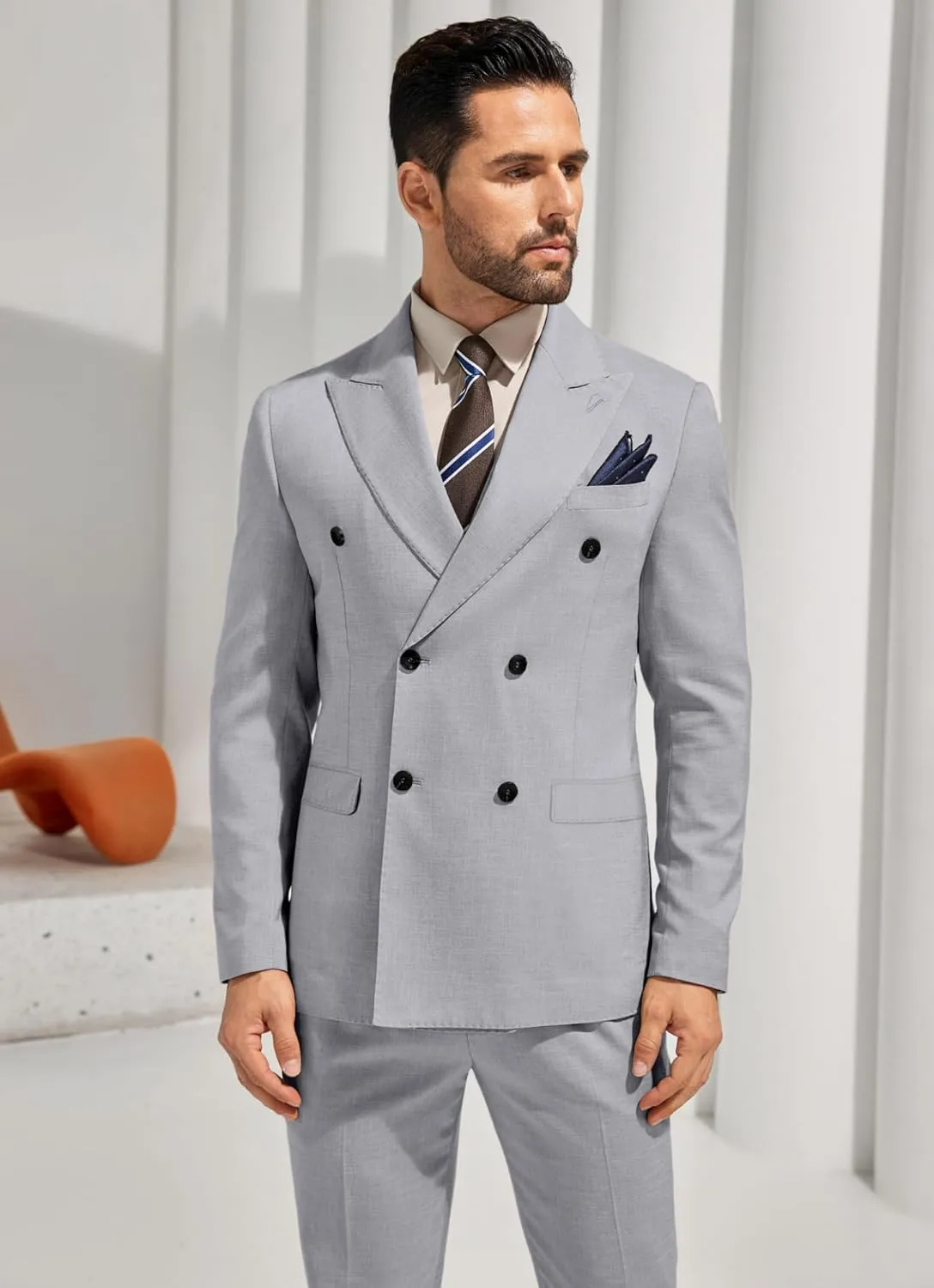 Mens Double Breasted Suit Slim Fit Solid Suit Jacket and Dress Pants 2 Piece Set Prom Wedding Suits for Men