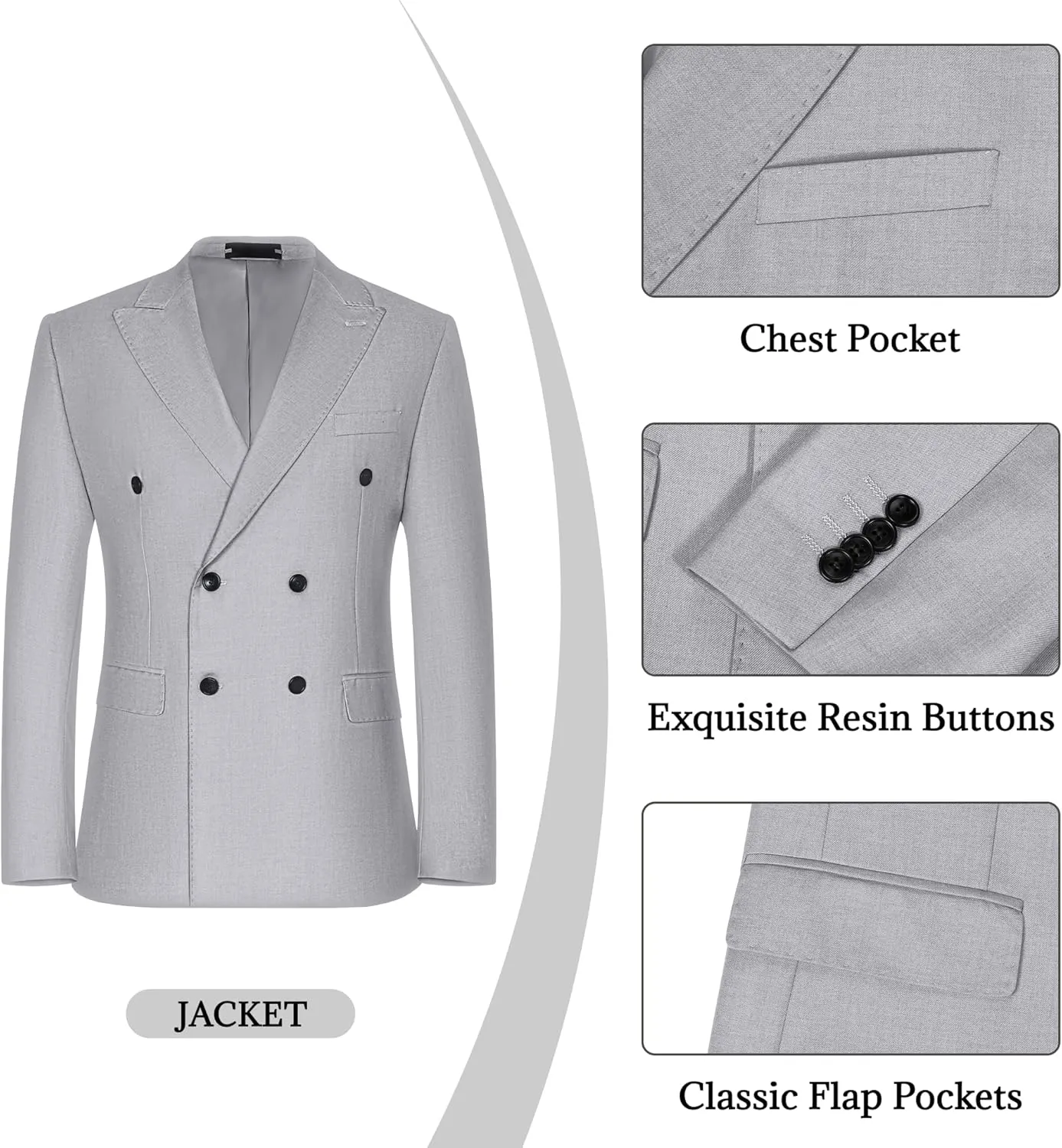 Mens Double Breasted Suit Slim Fit Solid Suit Jacket and Dress Pants 2 Piece Set Prom Wedding Suits for Men