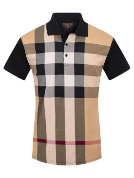 Men's Khaki and Black Plaid Polo Shirt Italy Design Style -P01