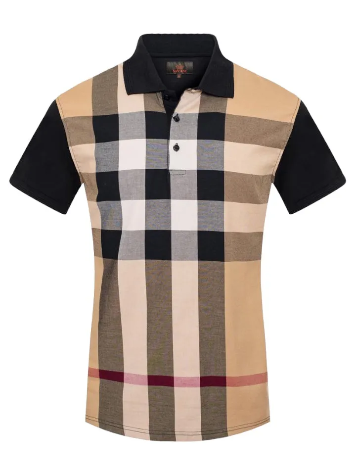 Men's Khaki and Black Plaid Polo Shirt Italy Design Style -P01