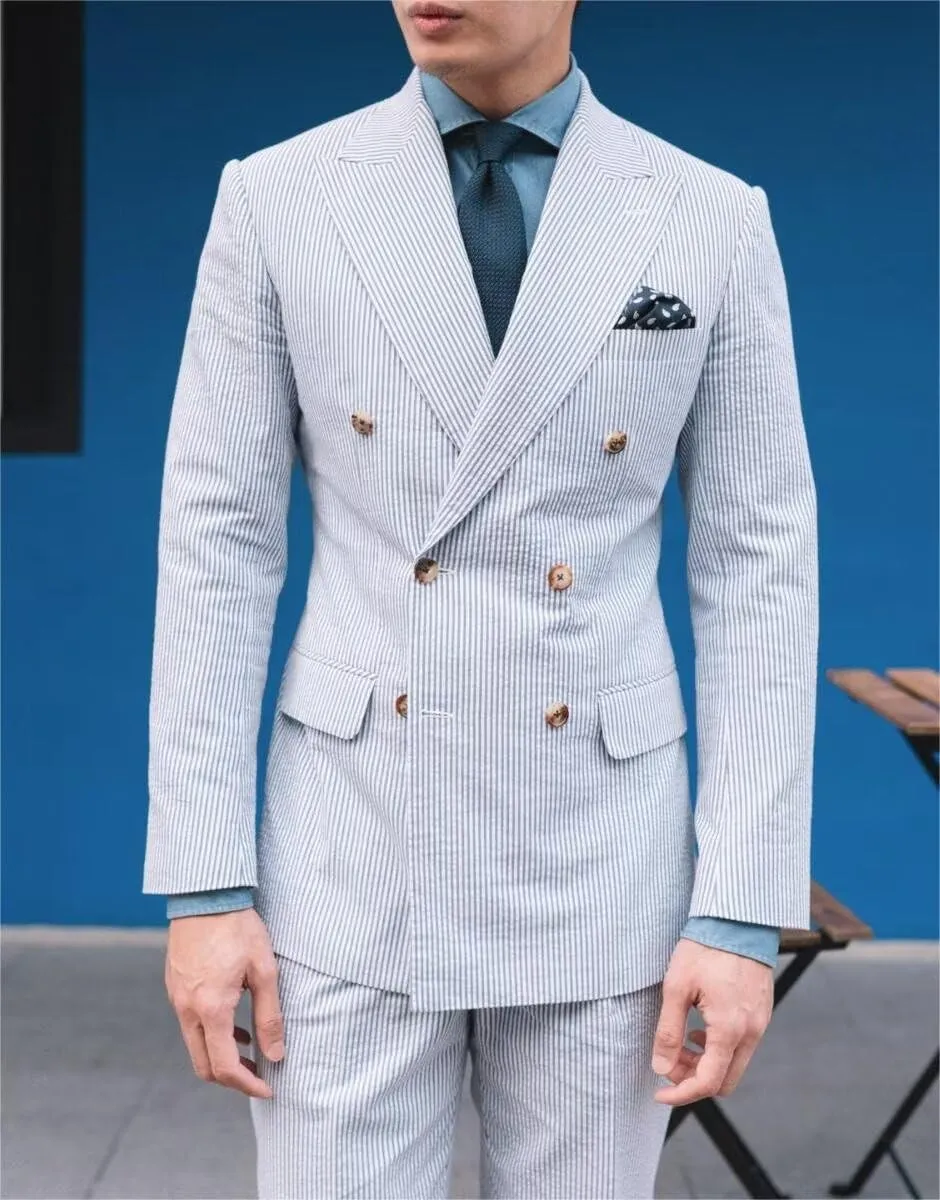 Men's Seersucker Suit 2 Piece Double Breasted Suits for Men Slim Fit Beach Wedding Striped Summer Casual Suit