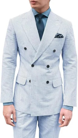 Men's Seersucker Suit 2 Piece Double Breasted Suits for Men Slim Fit Beach Wedding Striped Summer Casual Suit