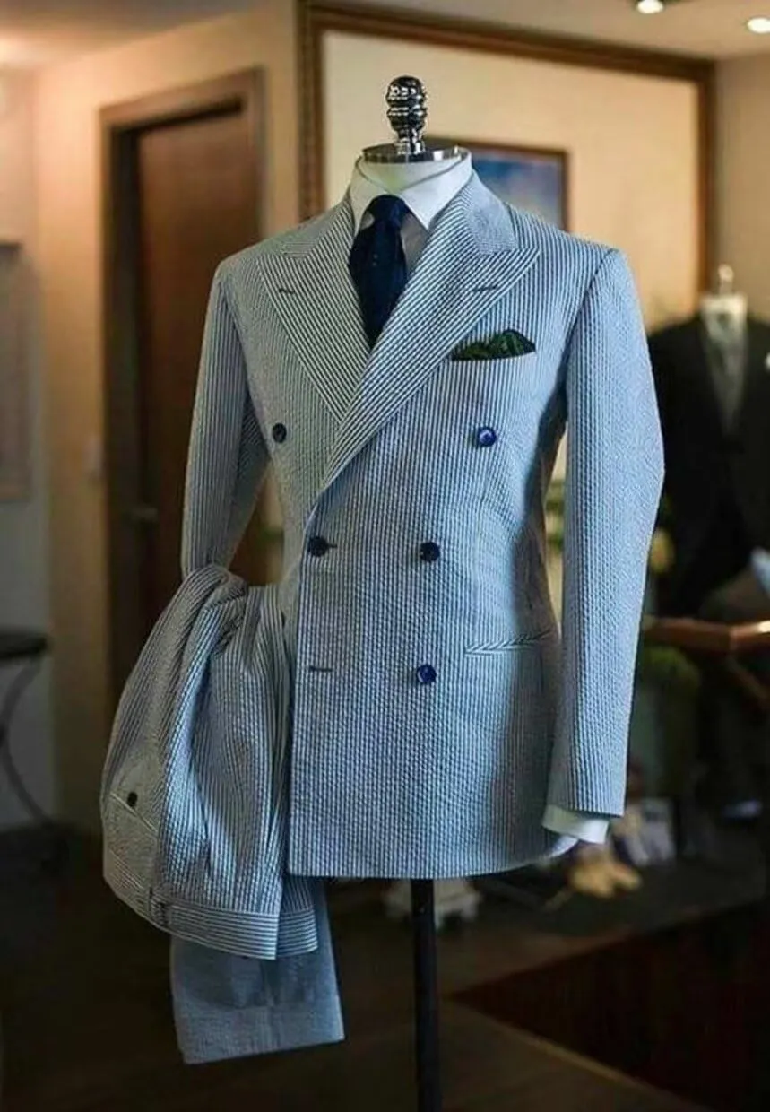 Men's Seersucker Suit 2 Piece Double Breasted Suits for Men Slim Fit Beach Wedding Striped Summer Casual Suit