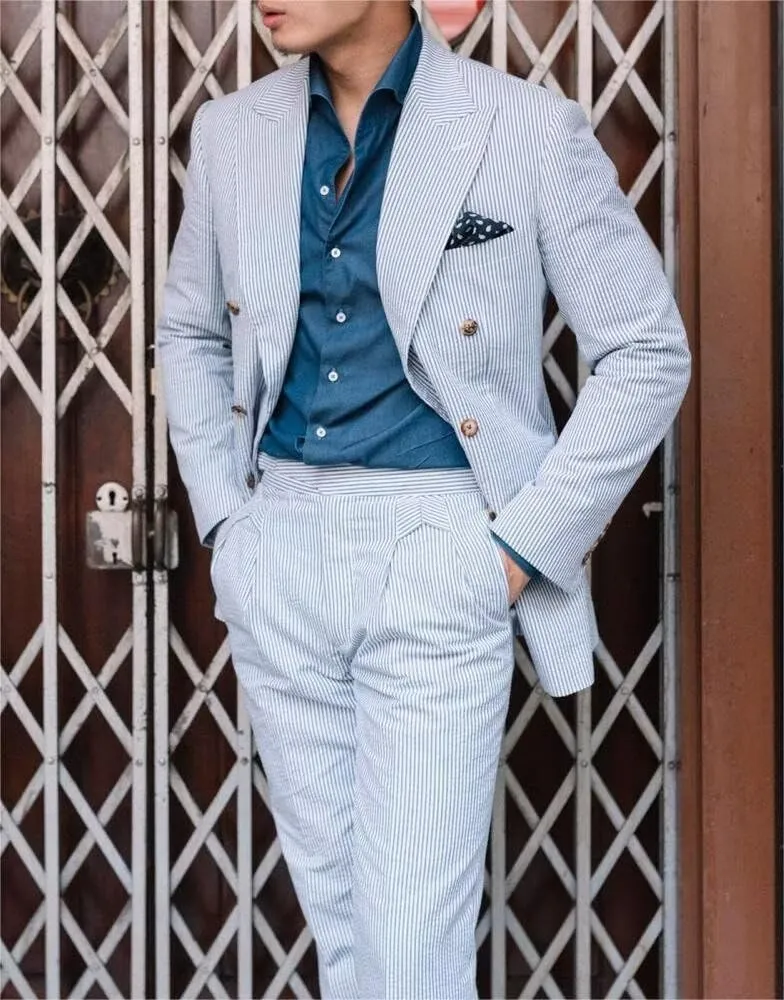 Men's Seersucker Suit 2 Piece Double Breasted Suits for Men Slim Fit Beach Wedding Striped Summer Casual Suit