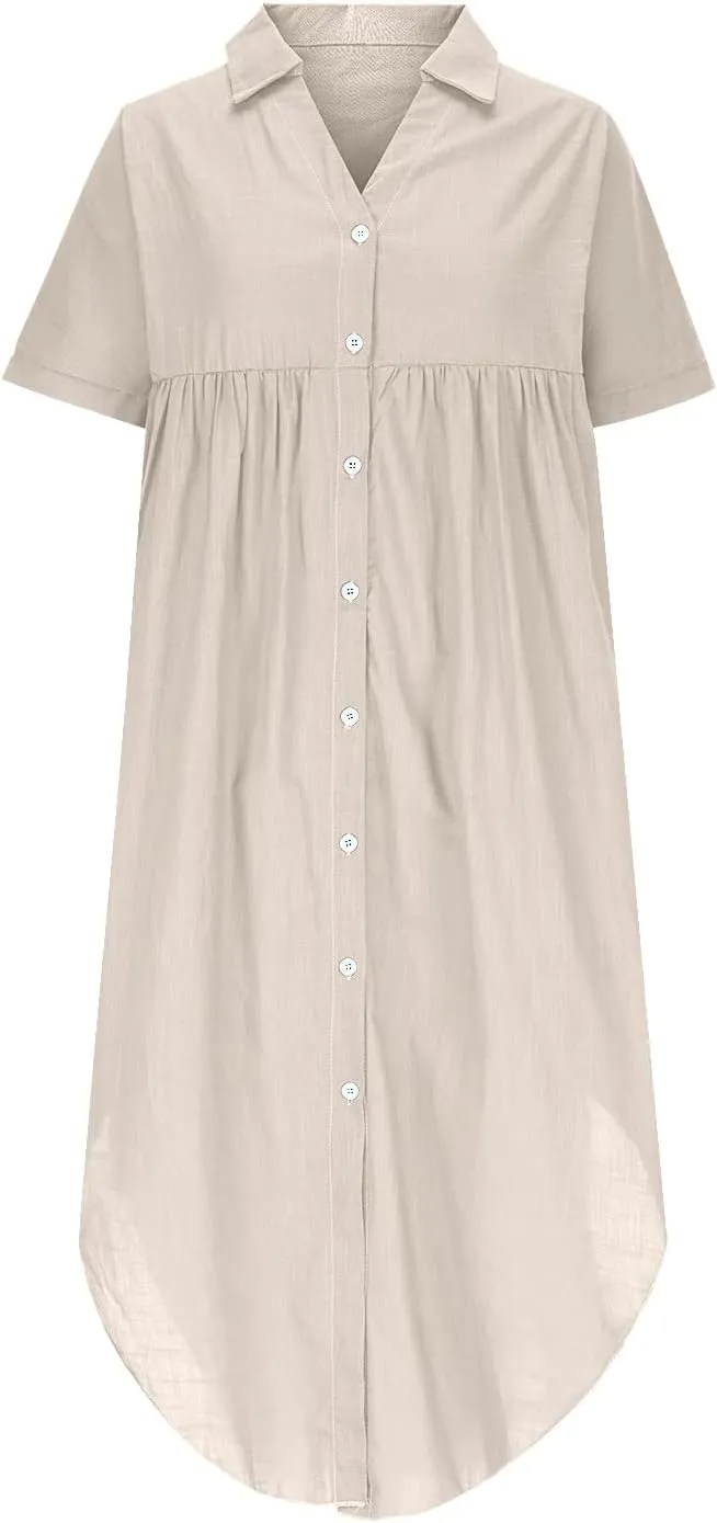 Midi Dresses for Women 2025 Vacation Button Short Sleeve Shirt Dress Casual Loose Flowy Long Linen Dress Sundress