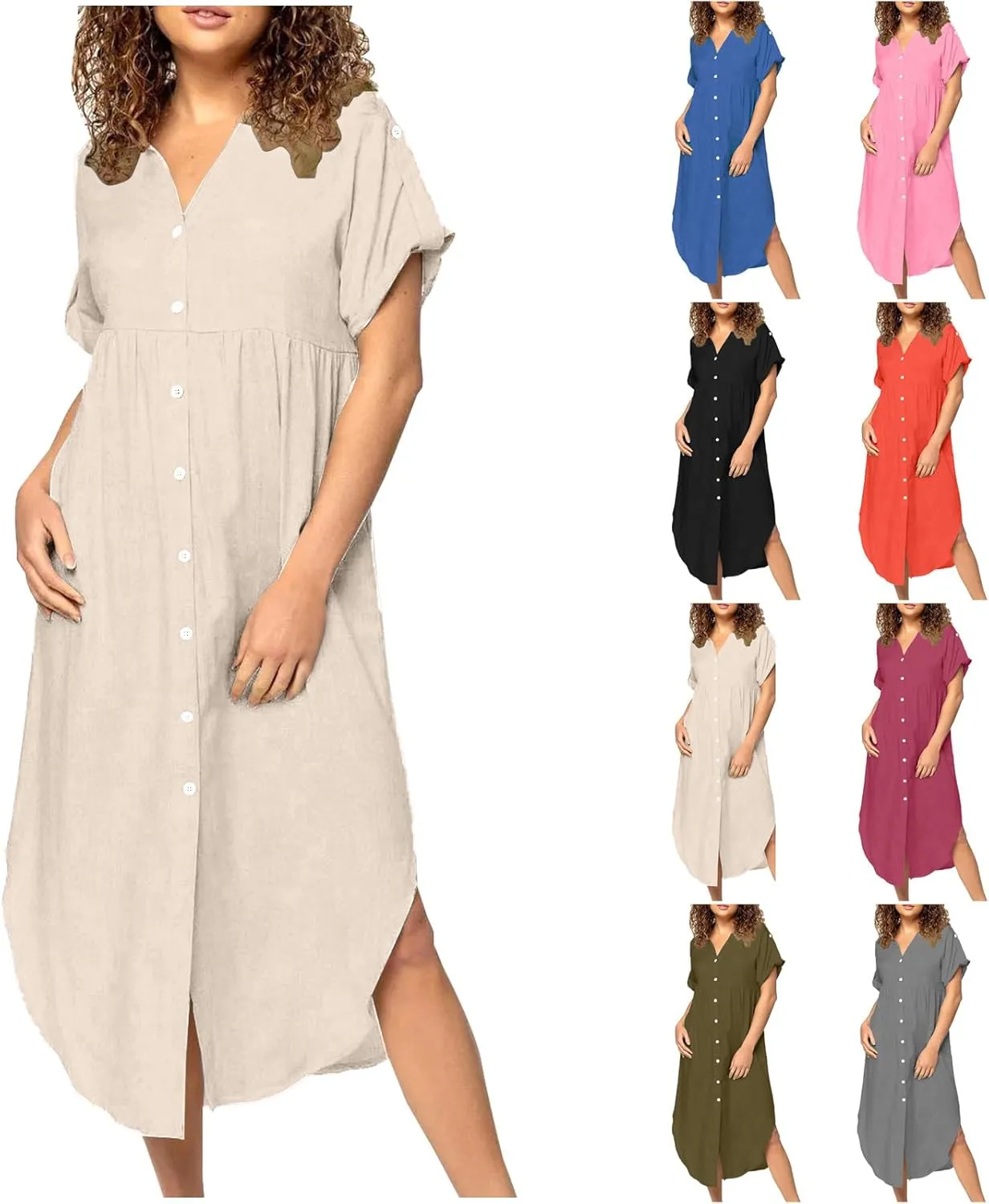 Midi Dresses for Women 2025 Vacation Button Short Sleeve Shirt Dress Casual Loose Flowy Long Linen Dress Sundress