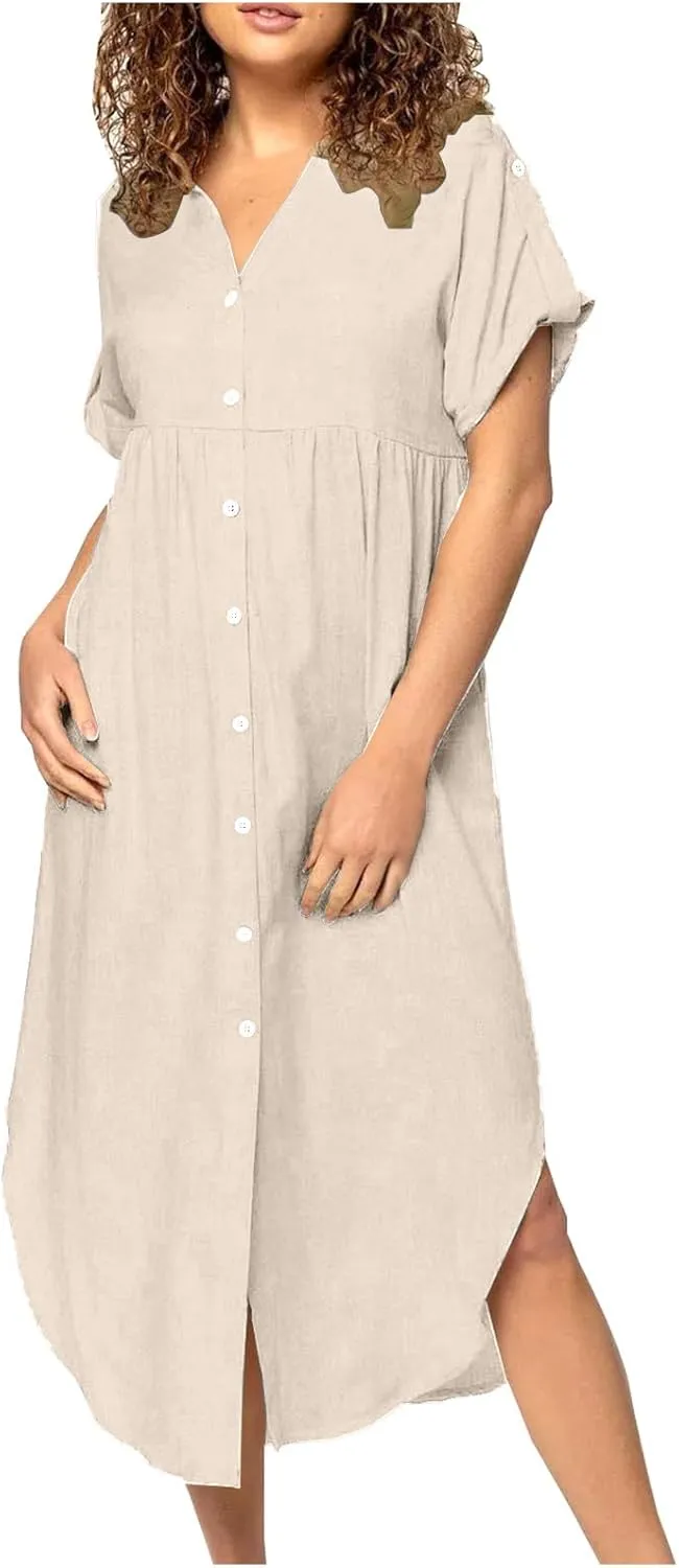 Midi Dresses for Women 2025 Vacation Button Short Sleeve Shirt Dress Casual Loose Flowy Long Linen Dress Sundress