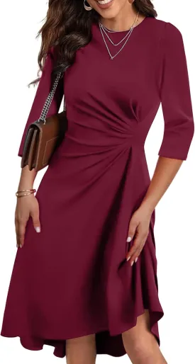 Nmoder Midi Dresses for Women Semi Formal A Line Fit and Flare Ruched Waist 3/4 Sleeve Church Cocktail Dress