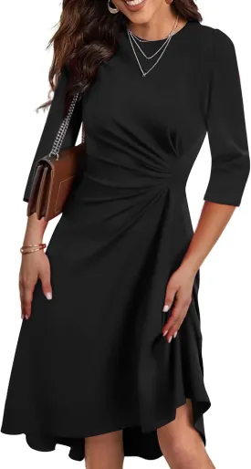 Nmoder Midi Dresses for Women Semi Formal A Line Fit and Flare Ruched Waist 3/4 Sleeve Church Cocktail Dress
