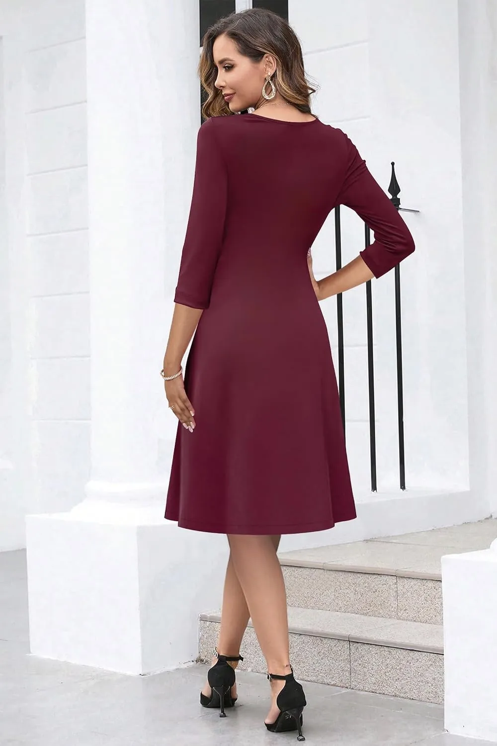 Nmoder Midi Dresses for Women Semi Formal A Line Fit and Flare Ruched Waist 3/4 Sleeve Church Cocktail Dress