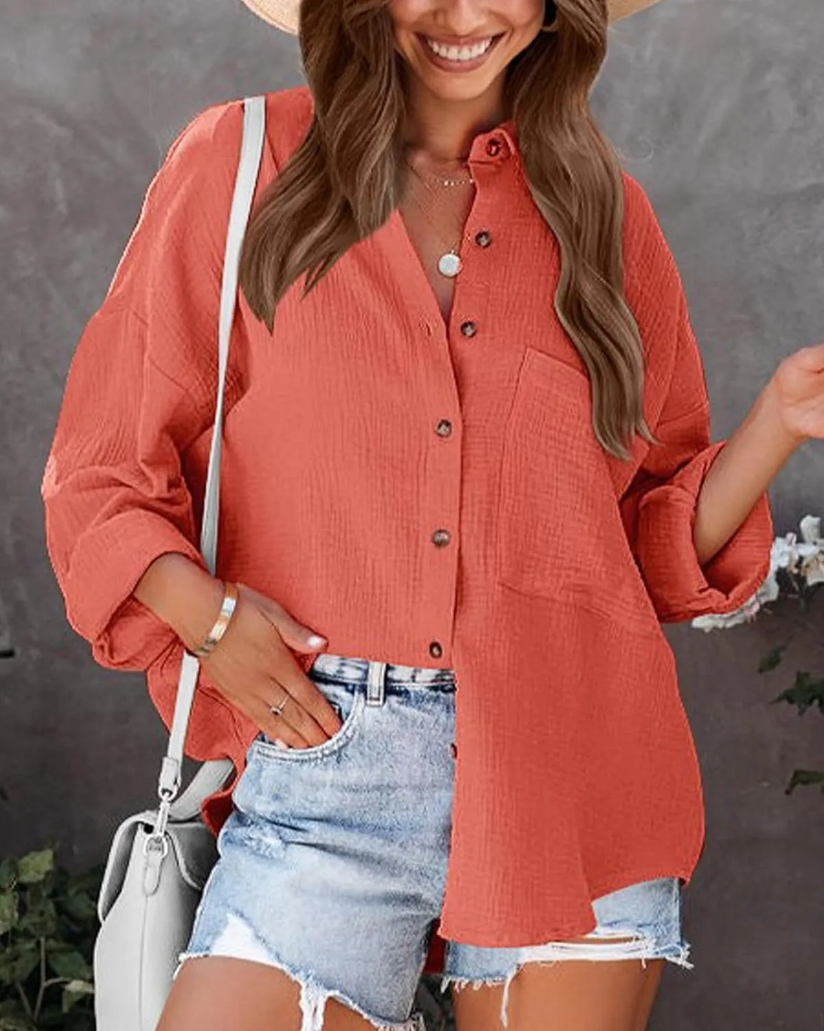 NOLLSOM Casual Shirts for Women Long Sleeve Button Down Blouses Fall 2025 Solid Color Trendy Tops with Pocket