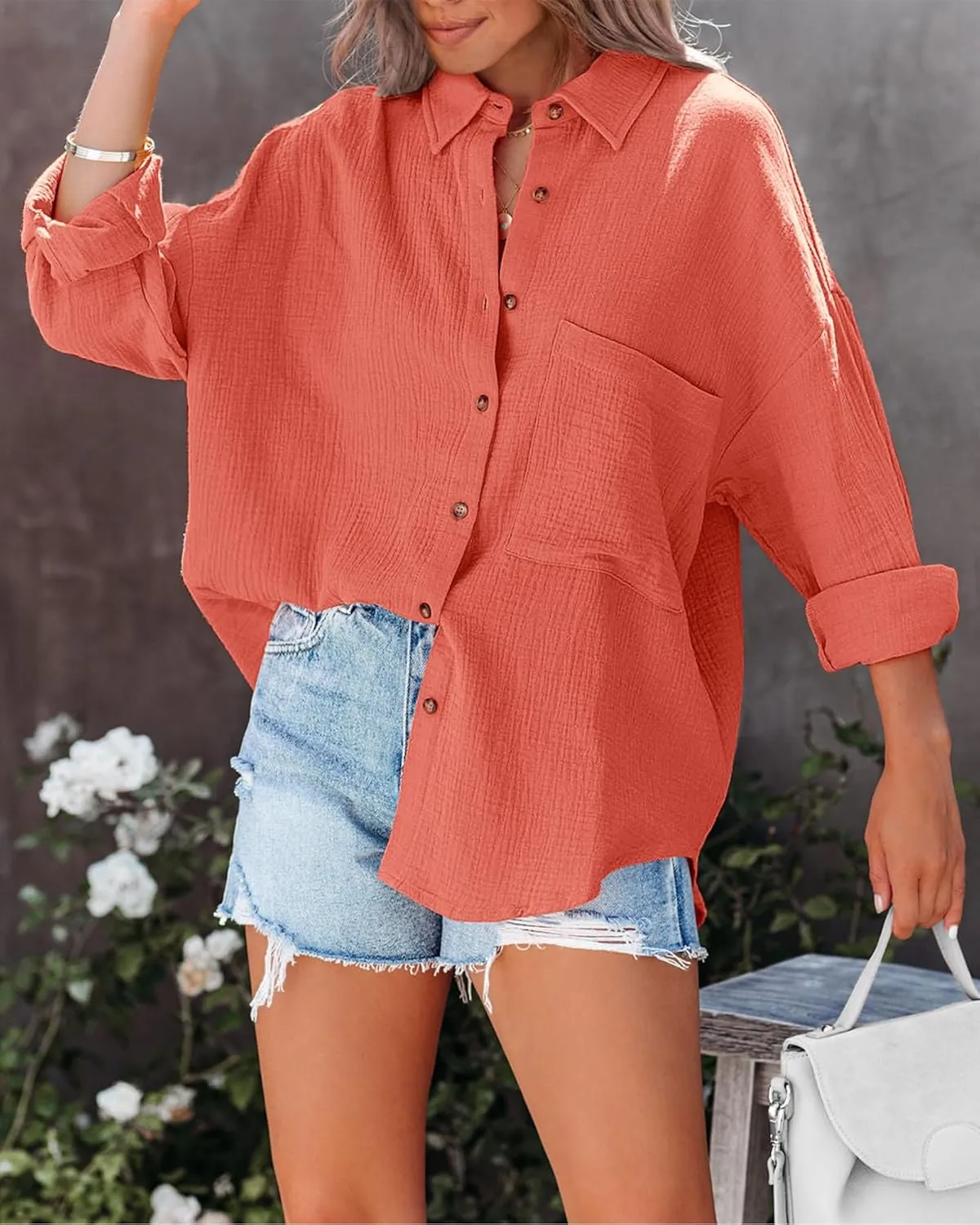 NOLLSOM Casual Shirts for Women Long Sleeve Button Down Blouses Fall 2025 Solid Color Trendy Tops with Pocket