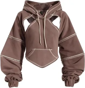 Pooyikoi Crop Hip Hop Hoodies Women Pullover Spring Autumn Cutout Backless Bandage Short Hooded Sweatshirt Tracksuit