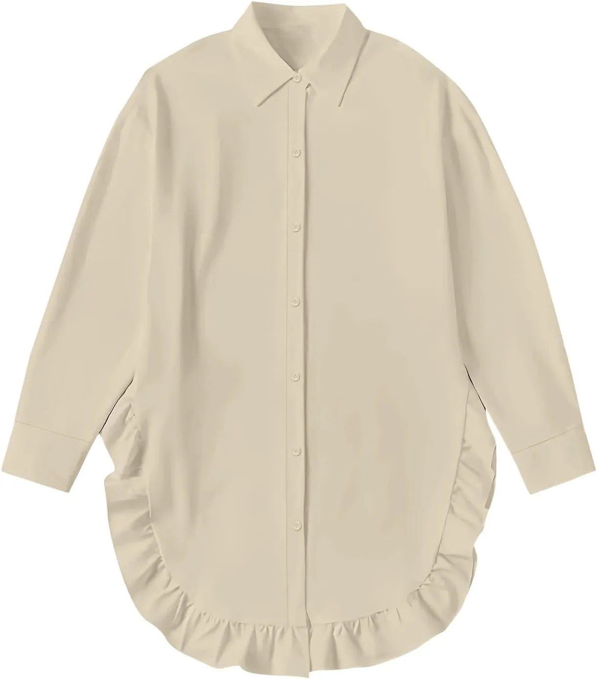 Ruziyoog Women's Oversized Button Down Shirts Ruffle Asymmetrical Hem Collar V Neck Long Sleeve Top Summer Loose Casual