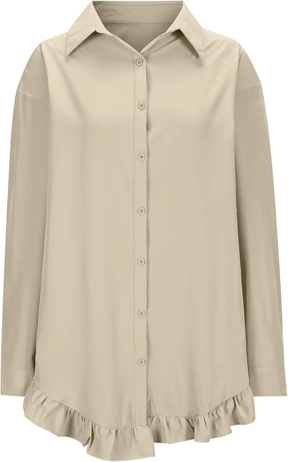 Ruziyoog Women's Oversized Button Down Shirts Ruffle Asymmetrical Hem Collar V Neck Long Sleeve Top Summer Loose Casual