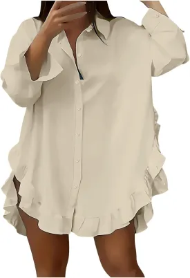 Ruziyoog Women's Oversized Button Down Shirts Ruffle Asymmetrical Hem Collar V Neck Long Sleeve Top Summer Loose Casual
