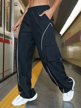 Street Contrast Binding Flap Pocket Cargo Parachute Pants