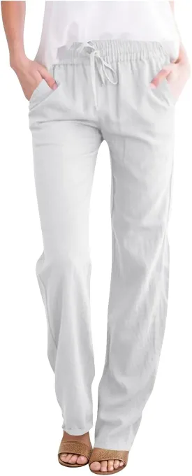 Summer Pants for Women 2025 Casual Drawstring High Waisted Linen Pants Beach Wide Leg Trousers with Pockets