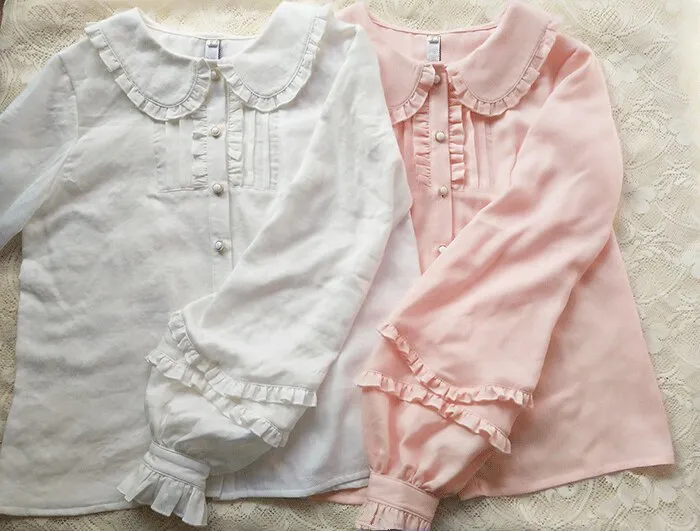 Sweet Mori Girl Lolita Blouse Pink/White Long Sleeve Peter Pan Collar Top