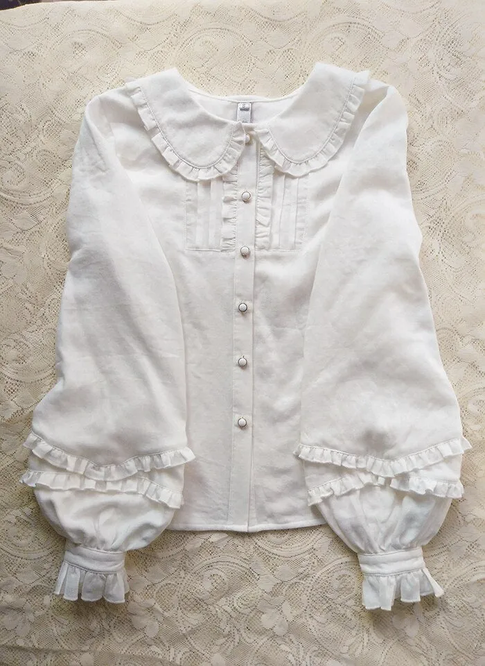 Sweet Mori Girl Lolita Blouse Pink/White Long Sleeve Peter Pan Collar Top