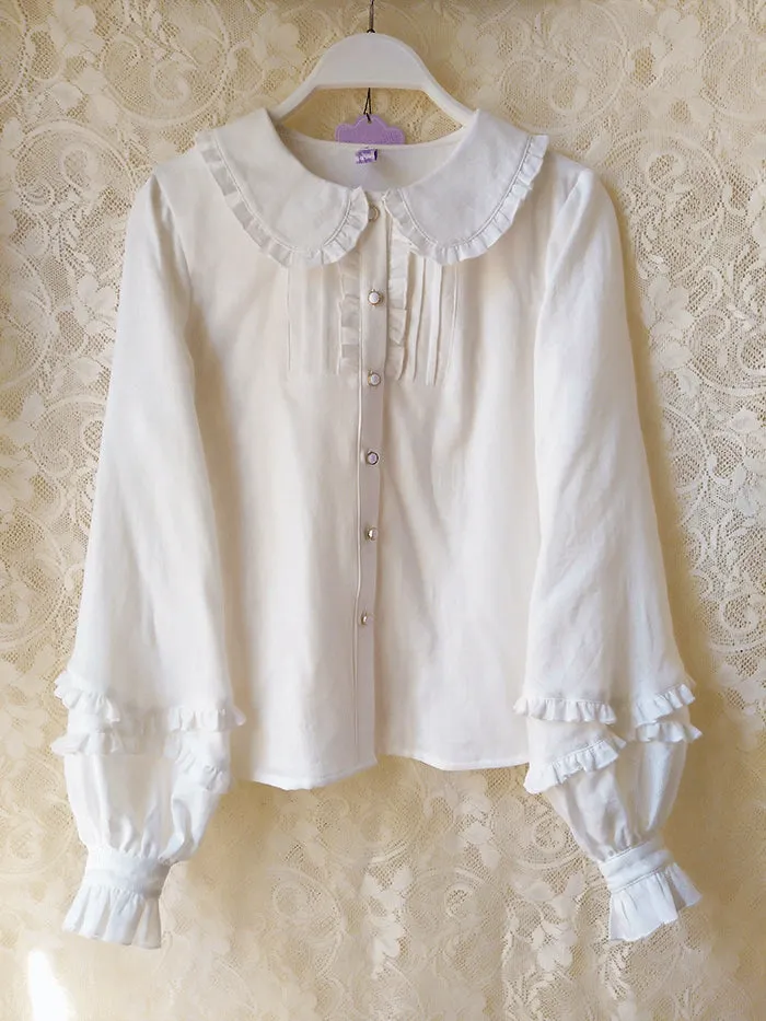 Sweet Mori Girl Lolita Blouse Pink/White Long Sleeve Peter Pan Collar Top