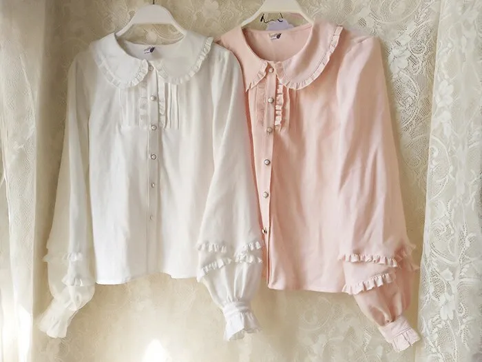 Sweet Mori Girl Lolita Blouse Pink/White Long Sleeve Peter Pan Collar Top