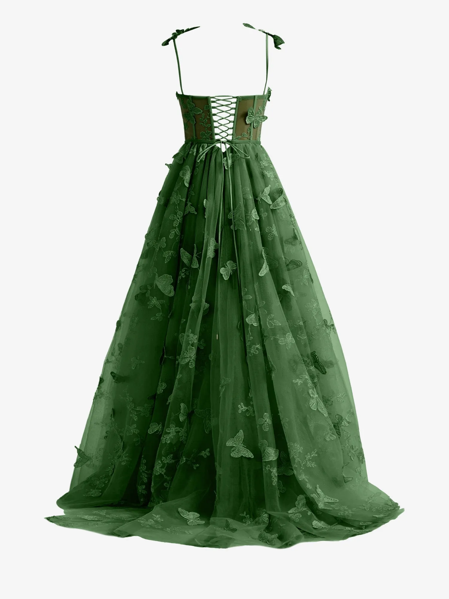 Teal A-line Butterfly Lace Lilac Corset Prom Dress with Slit