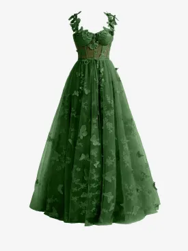 Teal A-line Butterfly Lace Lilac Corset Prom Dress with Slit
