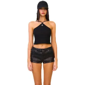 Temple Traditional Black Knitted Cross Sling Top